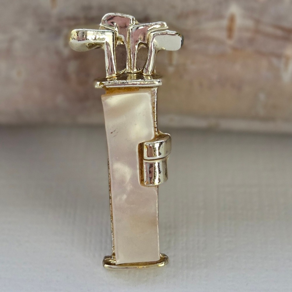 Golf Bag Brooch Gold Mother of Pearl Sporty Novelty Pin